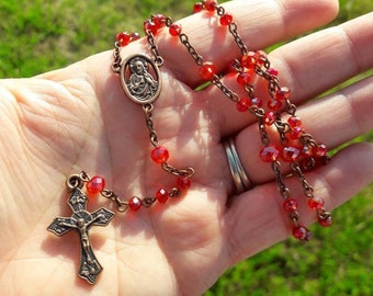 Red Crystal Copper Rosary Beads, Catholic Gift, First Communion, Confirmation, Wedding, Baptism Rosary, Christening Gift