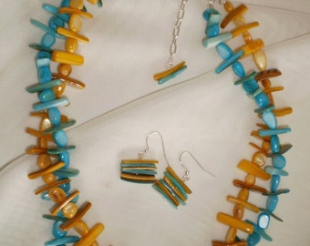 Turquoise Blue and Yellow Shell Mother Of Pearl Necklace Earring Set