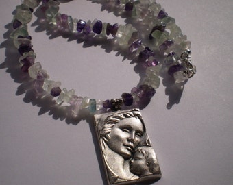 Rainbow Fluorite Stone Madonna and Child Pendant Necklace Catholic Gift