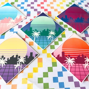 Stickers drapeau LGBTQ+ Vaporwave, Sticker thème Fierté, Stickers style rétro des années 80 pour le mois de la fierté de juin, Drapeaux LGBTQIA+, Stickers Queer Pride
