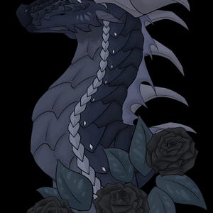 May include: Digital illustration of a dragon's head and neck in shades of blue and grey, with a braided strand of hair. Black roses and leaves are at the base of the dragon's neck against a black background.