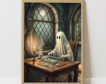 Whimsigoth ghost playing mahjong print, spooky wall art, dark cottagecore digital download