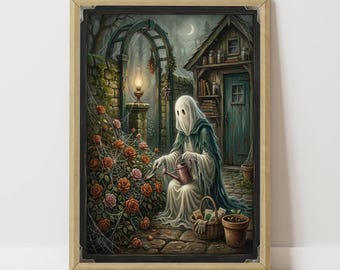 The Gardener Ghost, Sepia Wall Art Print, dark academia decor, cobwebs and roses, moody gothic printable, instant digital download