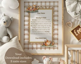 Monday's Child Poem Print Personalised, Baby name & Birth Date,Gender Neutral Woodland Nursery, Custom Baby Shower gift,Digital Download