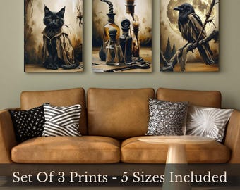 Whimsigoth printable wall art trio, moody home decor set, instant digital download