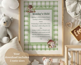 New baby Gift,Sage Green Woodland Animals Nursery Decor,Mondays Child Poem Print, Digital Download