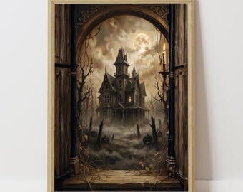 Misty Haunted House Dark Academia Print, instant digital download wall art, moody Halloween decor, printable spooky artwork