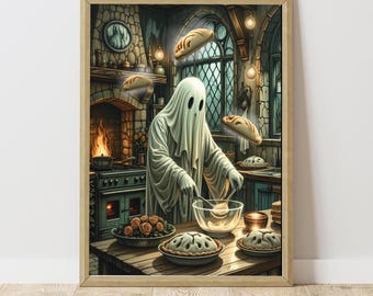 Whimsical ghost baking art print, vintage haunted kitchen poster, dark academia wall decor, cottagecore ghost printable, digital download