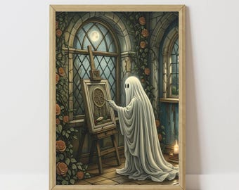 Whimsical Ghost Artist Studio Scene Print, halloween printable, vintage ghost art, dark cottagecore decor, spooky home , digital download