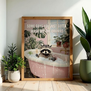 Impresión de baño de burbujas de mapache, cita divertida, plantas monstera, bañera de champán (descarga digital)