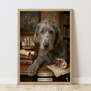 Peut inclure: Un portrait encadré d'un lévrier irlandais gris portant des lunettes à monture métallique, posé sur un bureau avec un modèle de navire, des parchemins roulés, des livres reliés en cuir, un petit coffre en bois et une boussole. Texte : THE ANCIENT MARINER.