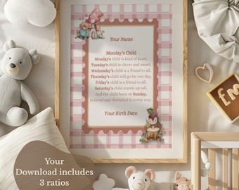 Monday's Child Poem Print Personalised, Baby name and Birth Date, Blush Pink Woodland Nursery Decor,Custom Baby Shower gift,Digital Download