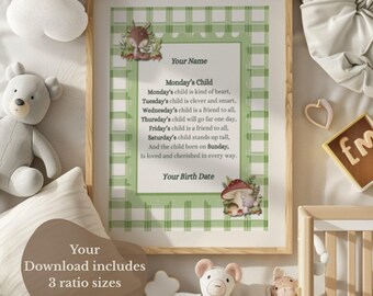 Monday's Child Poem Print Personalised, Baby name and Birth Date, Sage Green Woodland Nursery Decor,Custom Baby Shower gift,Digital Download