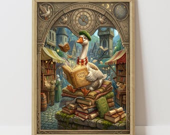 Silly Goose With Beret Reading In Bookstall, funny bookish wall art, medieval  market scene, Teacher Appreciation gift, instant download,