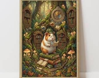 Guinea Pig Art, instant digital download, printable wall decor, nursery and classroom, cozy reading nook, books