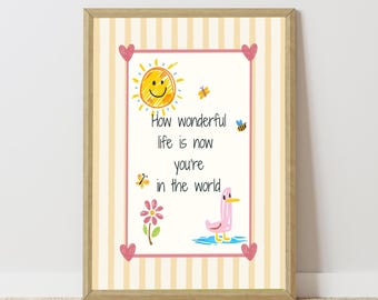How Wonderful Life Now You’re In The World Print, blush pink nursery wall art, printable download, boho kids room decor, sun and bee artwork