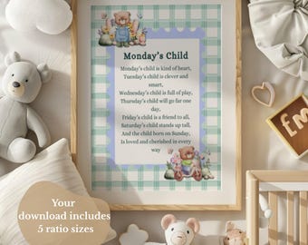 Mondays Child Printable Nursery Decor Art, baby blue gingham, woodland theme, instant download, multiple sizes, newborn gift