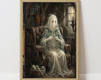 The Knitter, Ghostly Cottagecore Art Print , whimsical halloween , spooky decor, occult decor, sepia tones, digital download