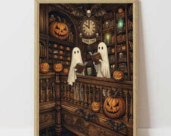 Halloween Book Lover Gift, Library Printable Art, instant wall decor, digital download, ghosts reading, pumpkins, bats