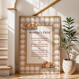 Lámina con poema "El niño del lunes", decoración infantil a cuadros beige, arte mural de animales del bosque, decoración neutra para habitación de bebé, descarga digital.