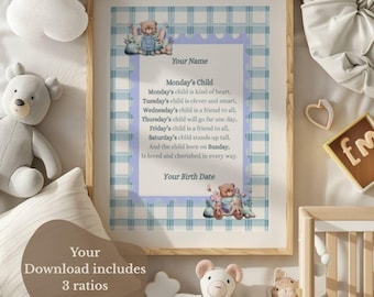 Baby name print, Monday’s Child poem wall art, woodland theme, nursery printable, personalized, Digital Download
