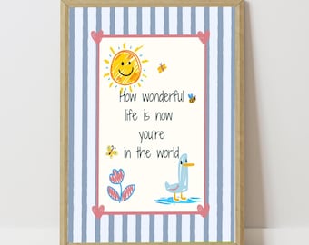 How Wonderful Life Is Nursery Wall Art Print, instant digital download, boho sky blue, smiling sun and duck, baby room decor