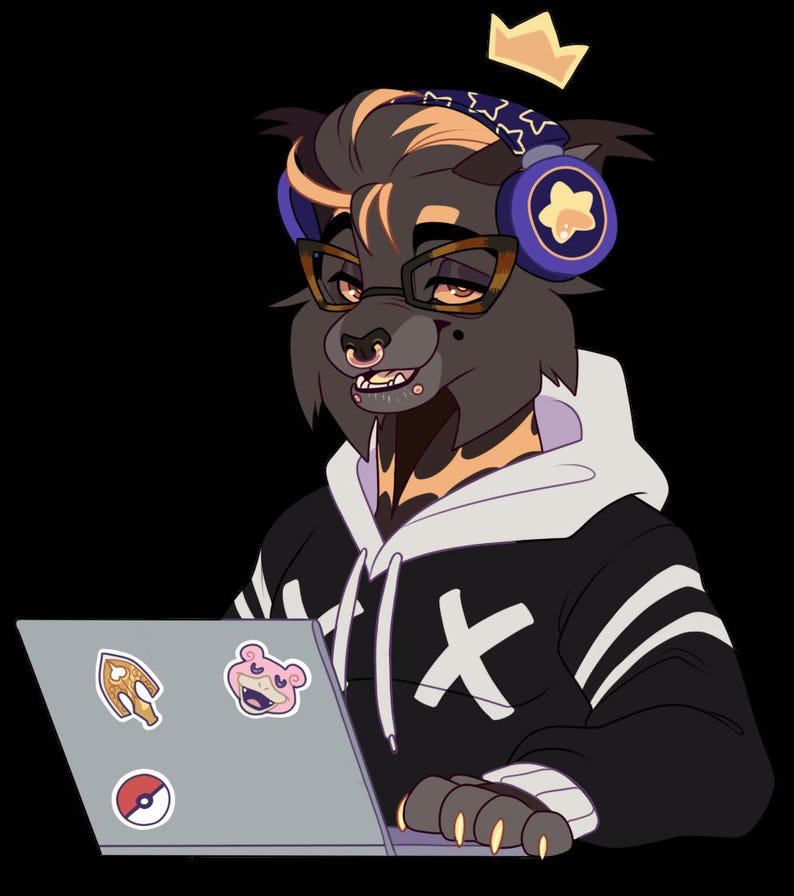 K&ouml;nnte beinhalten: Illustration eines pelzigen Charakters mit Brille, Kopfh&ouml;rern und Krone, der an einem Laptop arbeitet. Der Charakter tr&auml;gt einen schwarzen Hoodie mit wei&szlig;en Streifen und einem X-Design. Auf dem Laptop befinden sich Aufkleber.