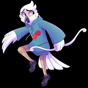 K&ouml;nnte beinhalten: Digitale Illustration eines wei&szlig;en, vogelartigen Charakters mit einem blauen Kapuzenpullover mit Kirschmuster. Die Figur h&auml;lt einen wei&szlig;en Bogen und Pfeil, tr&auml;gt schwarze Schuhe und gemusterte Leggings. Der Hintergrund ist schwarz.