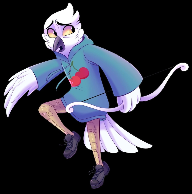 K&ouml;nnte beinhalten: Digitale Illustration eines wei&szlig;en, vogelartigen Charakters mit einem blauen Kapuzenpullover mit Kirschmuster. Die Figur h&auml;lt einen wei&szlig;en Bogen und Pfeil, tr&auml;gt schwarze Schuhe und gemusterte Leggings. Der Hintergrund ist schwarz.