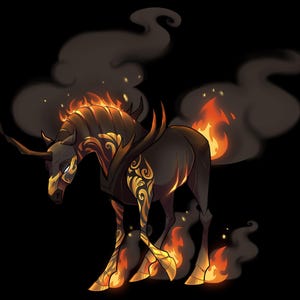 K&ouml;nnte beinhalten: Eine digitale Illustration einer dunklen pferde&auml;hnlichen Kreatur mit Flammen und Rauch. Die Kreatur hat einen schwarzen K&ouml;rper mit goldenen Akzenten und feuriger M&auml;hne, Hufen und Schweif. Rauchschwaden umgeben die Kreatur vor schwarzem Hintergrund.