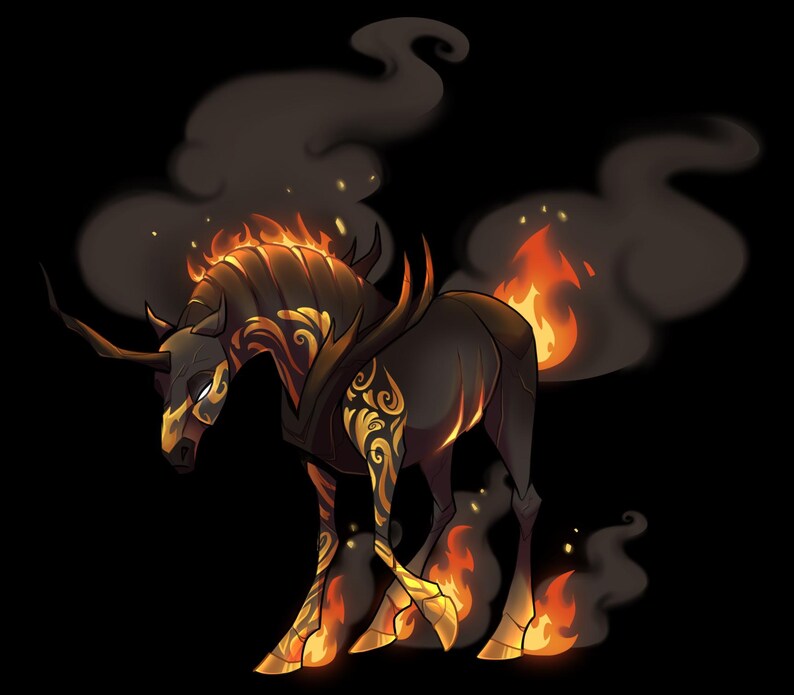 K&ouml;nnte beinhalten: Eine digitale Illustration einer dunklen pferde&auml;hnlichen Kreatur mit Flammen und Rauch. Die Kreatur hat einen schwarzen K&ouml;rper mit goldenen Akzenten und feuriger M&auml;hne, Hufen und Schweif. Rauchschwaden umgeben die Kreatur vor schwarzem Hintergrund.