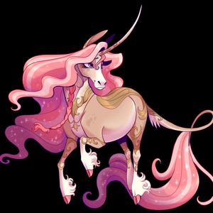 K&ouml;nnte beinhalten: Eine digitale Illustration eines Einhorns mit flie&szlig;endem rosa Haar und einem langen, gelockten Schwanz. Das Einhorn hat einen cremefarbenen K&ouml;rper mit goldenen Zierakzenten. Ein Stern ist auf der Brust des Einhorns zu sehen. Der Hintergrund ist schwarz.