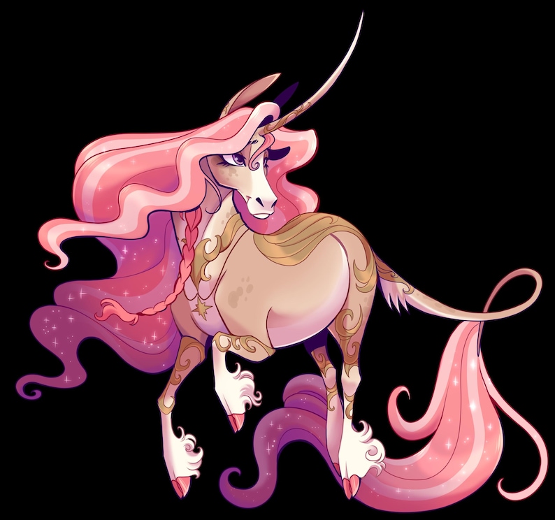 K&ouml;nnte beinhalten: Eine digitale Illustration eines Einhorns mit flie&szlig;endem rosa Haar und einem langen, gelockten Schwanz. Das Einhorn hat einen cremefarbenen K&ouml;rper mit goldenen Zierakzenten. Ein Stern ist auf der Brust des Einhorns zu sehen. Der Hintergrund ist schwarz.
