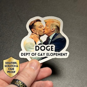 DOGE Department of Gay Elopement grappige Elon Musk Donald Trump kussen sticker, meme sticker politieke satire, anti-nazi anti-Trump nep-homo