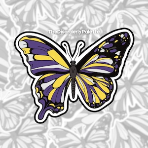 Niet-binaire sticker | Vlinder met niet-binaire kleuren | Genderloos, queer| Weerbestendige sticker