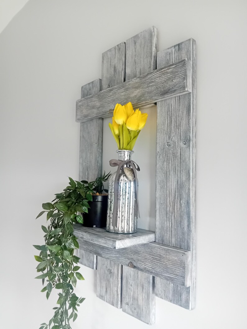 Handcrafted Rustic Floating Wood Shelf – Weathered Grey Framed Display ...