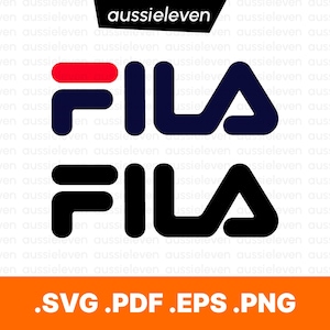 May include: Two FILA logos in navy blue and black, with a red accent above the navy blue logo. The text "aussieleven" is at the top. Below the logos, the text reads ".SVG .PDF .EPS .PNG" in orange.