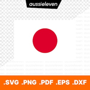 Puede incluir: Un fondo blanco con un círculo rojo en el centro, que representa la bandera de Japón. La imagen incluye el texto "aussieleven" en una pancarta negra en la parte superior y extensiones de tipo de archivo en la parte inferior: .SVG .PNG .PDF .EPS .DXF.
