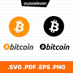 May include: Image features Bitcoin logos and text. Includes a Bitcoin symbol in an orange circle, a black circle, and the word "bitcoin" in a sans-serif font. File types .SVG, .PDF, .EPS, and .PNG are listed.