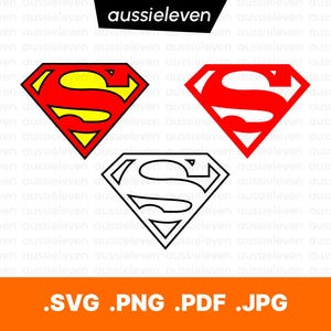 Può includere: Tre design del logo di Superman in rosso, giallo e nero. Il logo in alto a sinistra è il design classico rosso e giallo. Il logo in alto a destra è un contorno rosso. Il logo in basso è un contorno nero. L'immagine include anche le opzioni del tipo di file: .SVG .PNG .PDF .JPG.