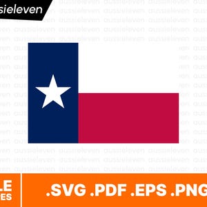 Puede incluir: Una ilustración vectorial de la bandera del estado de Texas, con una barra vertical azul con una estrella blanca, una barra horizontal blanca y una barra horizontal roja. También incluye el texto "FILE TYPES .SVG .PDF .EPS .PNG".