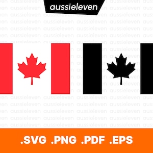 Puede incluir: Se muestran dos banderas canadienses, una en color y otra en blanco y negro. La bandera en color presenta una hoja de arce roja sobre un fondo blanco, flanqueada por dos barras verticales rojas. También se muestra la versión en blanco y negro.