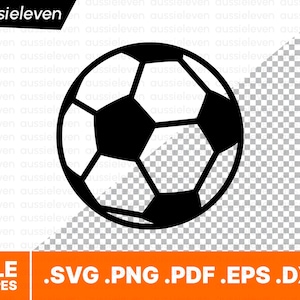 Könnte beinhalten: Schwarz-weiße Grafik eines Fußballs, bestehend aus Fünfecken und Sechsecken. Der Text "FILE TYPES" und die Dateierweiterungen .SVG .PNG .PDF .EPS .DXF sind ebenfalls enthalten.