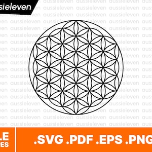 Puede incluir: Diseño geométrico en blanco y negro de la Flor de la Vida, un símbolo de geometría sagrada, dentro de un círculo. La imagen incluye opciones de tipo de archivo: .SVG, .PDF, .EPS y .PNG. La palabra "aussieleven" está en la esquina superior izquierda.