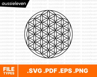 May include: Black and white geometric design of the Flower of Life, a sacred geometry symbol, within a circle. The image includes file type options: .SVG, .PDF, .EPS, and .PNG. The word "aussieleven" is in the top left corner.