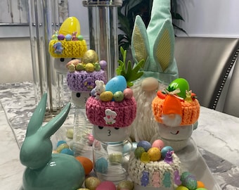 Crochet Easter Marshmallow Mug Hat, Bunny & Carrot Decor