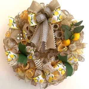 Lemon Wreath, Door Wreath, Fruit Curly Deco Mesh Ribbon Wreath, Spring Summer Wreath Lemons