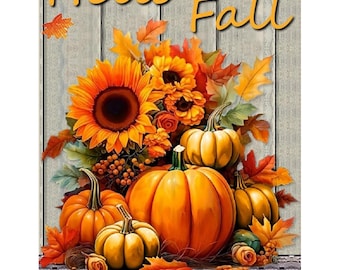 May include: A vibrant autumn-themed image featuring sunflowers, pumpkins, and fall foliage. The words "Hello Fall" are written in a decorative font. The pumpkins are various sizes and shades of orange and yellow, with a rustic wooden background.