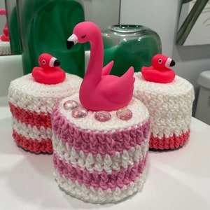 Copri rotolo di carta igienica a forma di fenicottero, fenicottero rosa, copri rotolo di carta igienica tropicale rosa all'uncinetto, giocattolo da bagno a forma di fenicottero
