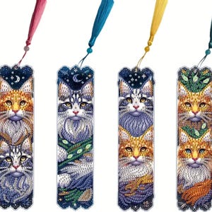 Cat Diamond Art Bookmarks, 4 Diamond Art Jewel Cat Bookmarks, DIY Diamond Art Bookmark Kit Cats